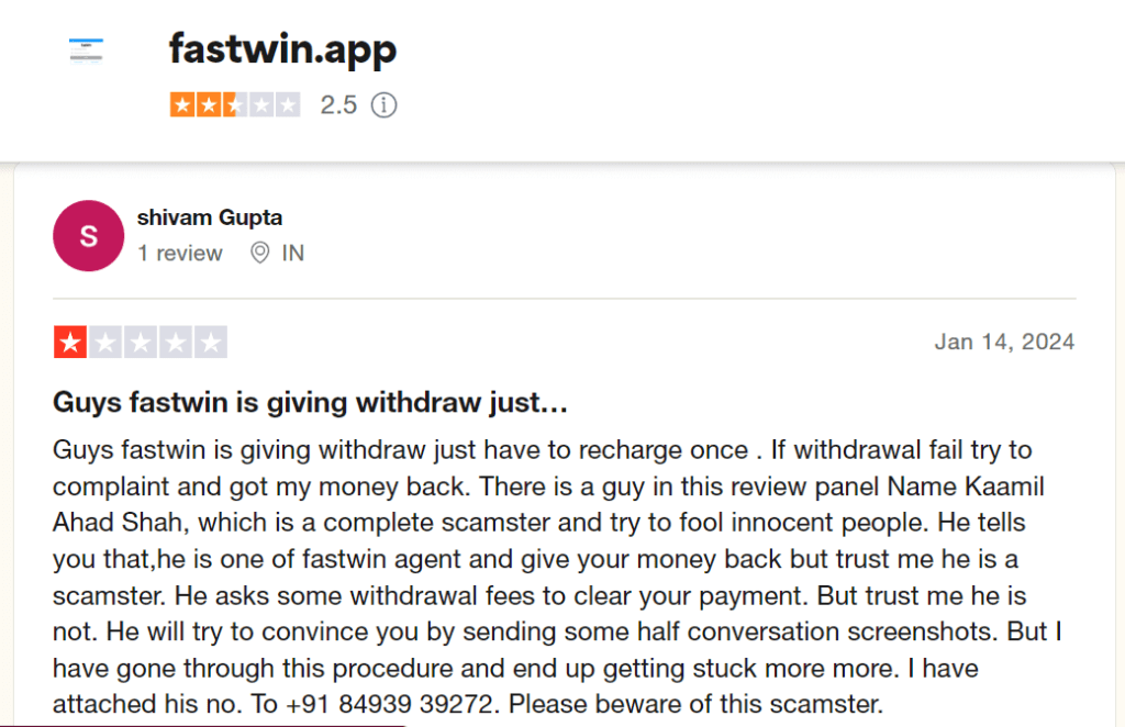 TrustPilot Review on FastWin